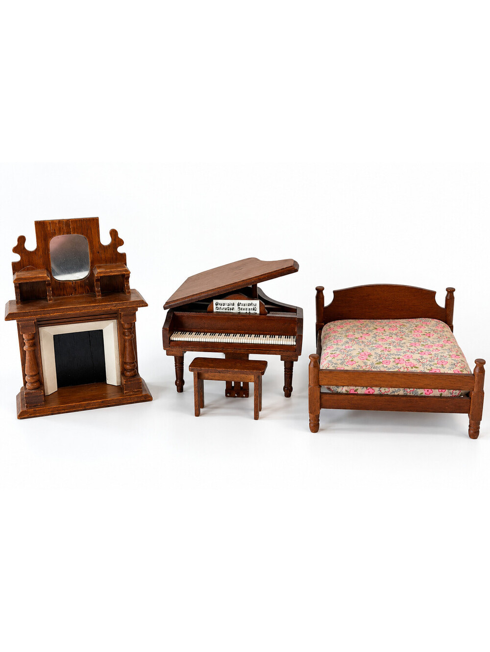 Vintage 1:12 Dollhouse Furniture Lot Wood Bed Grand Piano Bench Fireplace Taiwan